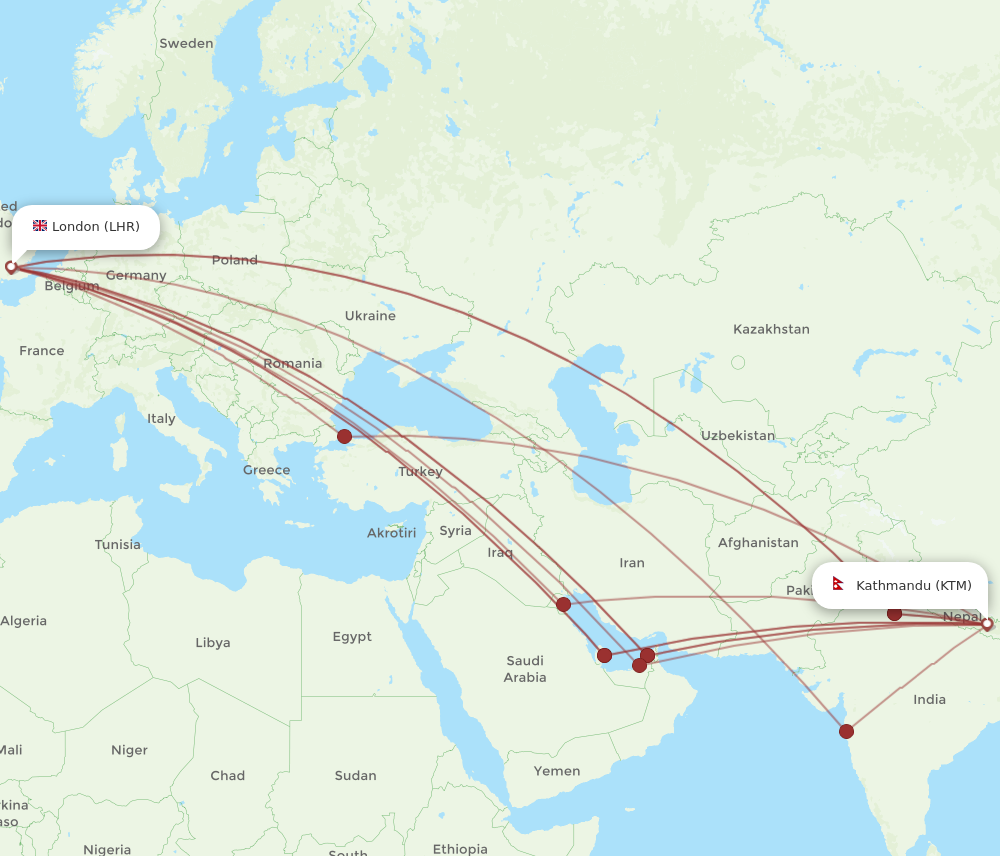 All flight routes from London to Kathmandu, LHR to KTM - Flight Routes