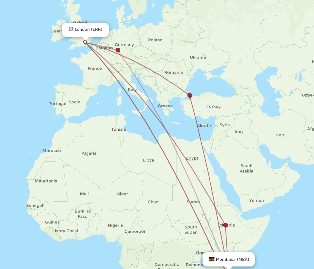 All flight routes from London to Mombasa, LHR to MBA - Flight Routes