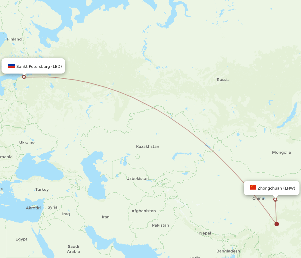 All Flight Routes From Saint Petersburg To Lanzhou, Led To Lhw - Flight 