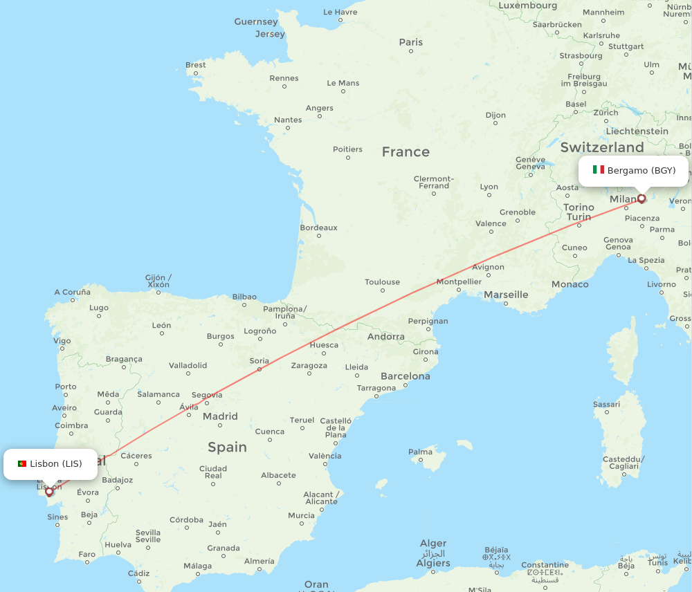 Flights from Lisbon to Milan LIS to BGY Flight Routes