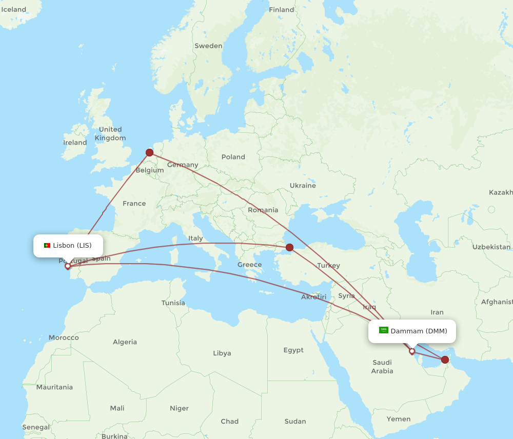 LIS to DMM flights and routes map