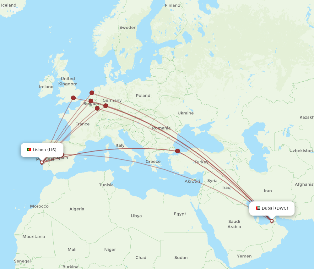 All flight routes from Lisbon to Dubai, LIS to DWC - Flight Routes