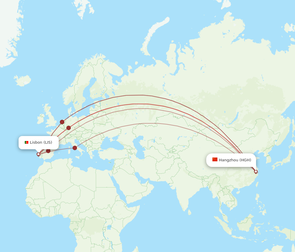 All flight routes from Lisbon to Hangzhou, LIS to HGH - Flight Routes