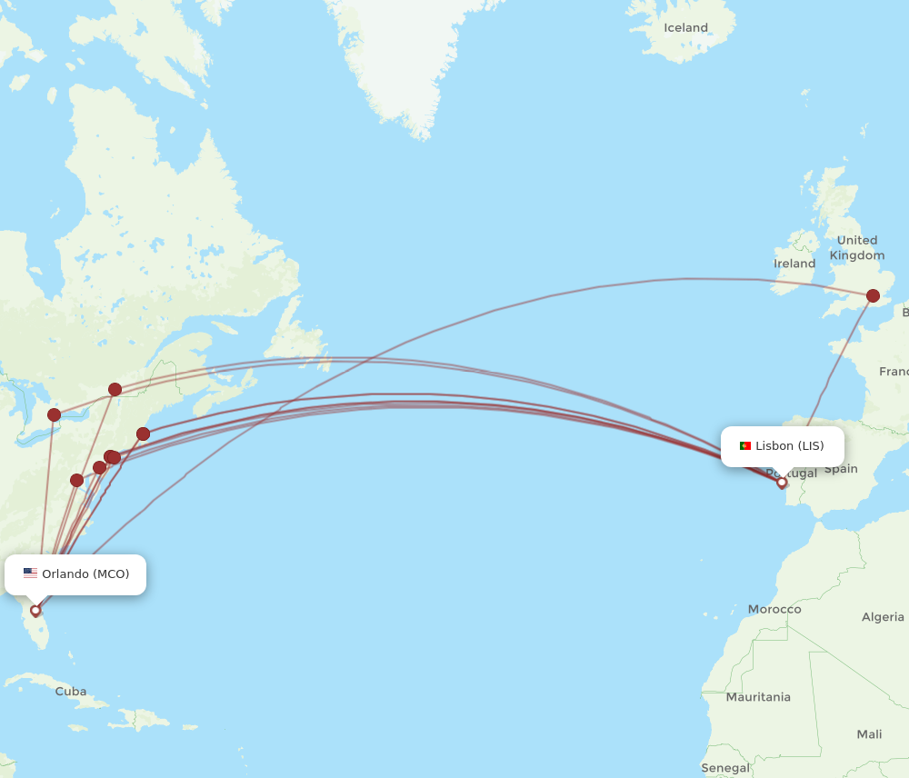 LIS to MCO flights and routes map