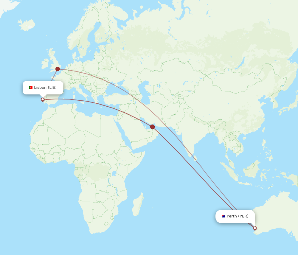 Flights from Lisbon to Perth LIS to PER Flight Routes