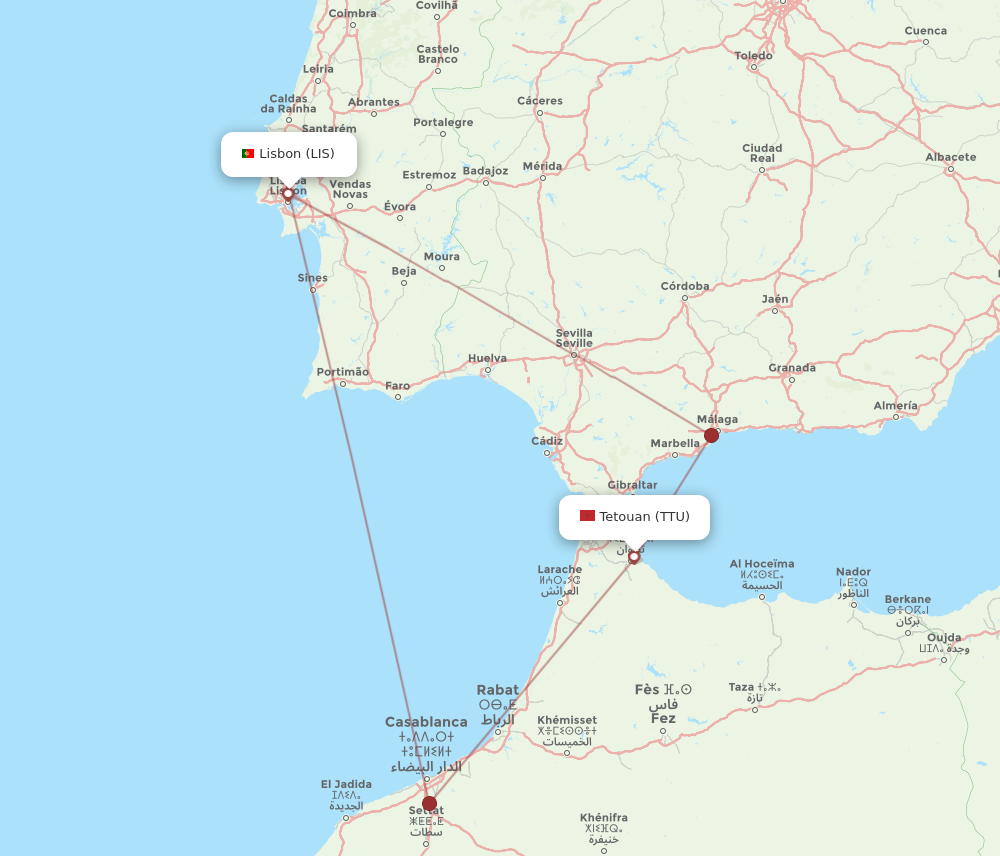 Flights from Lisbon to Tetouan LIS to TTU Flight Routes