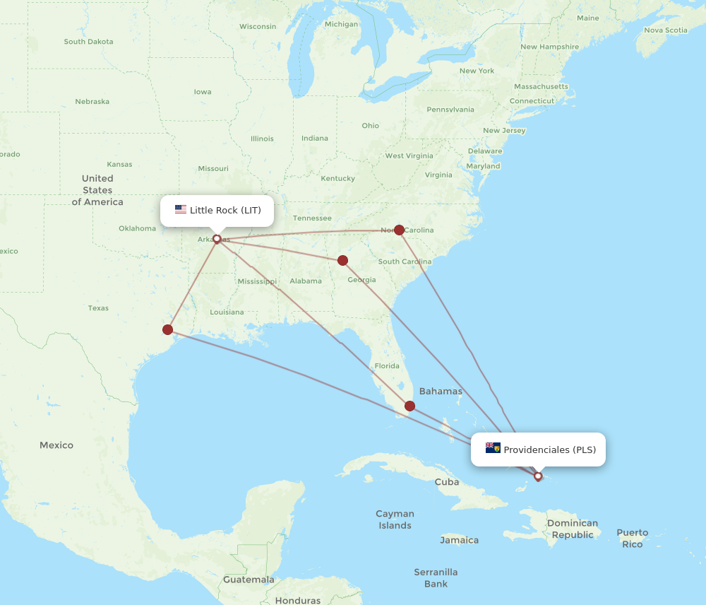 All flight routes from Little Rock to Providenciales, LIT to PLS ...