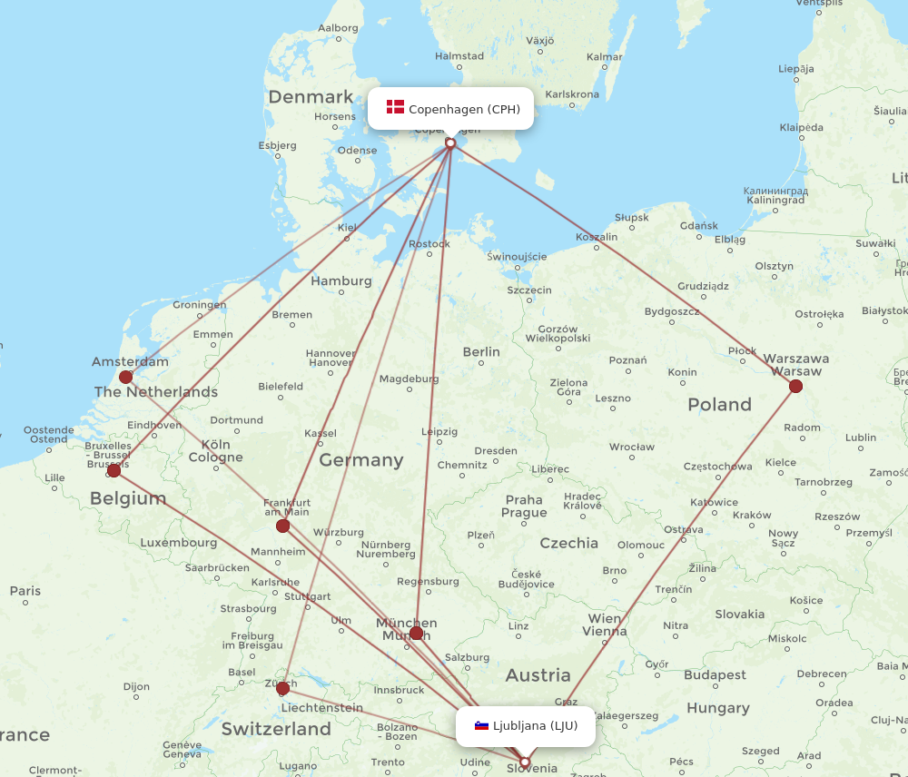 Flights from Ljubljana to Copenhagen LJU to CPH Flight Routes