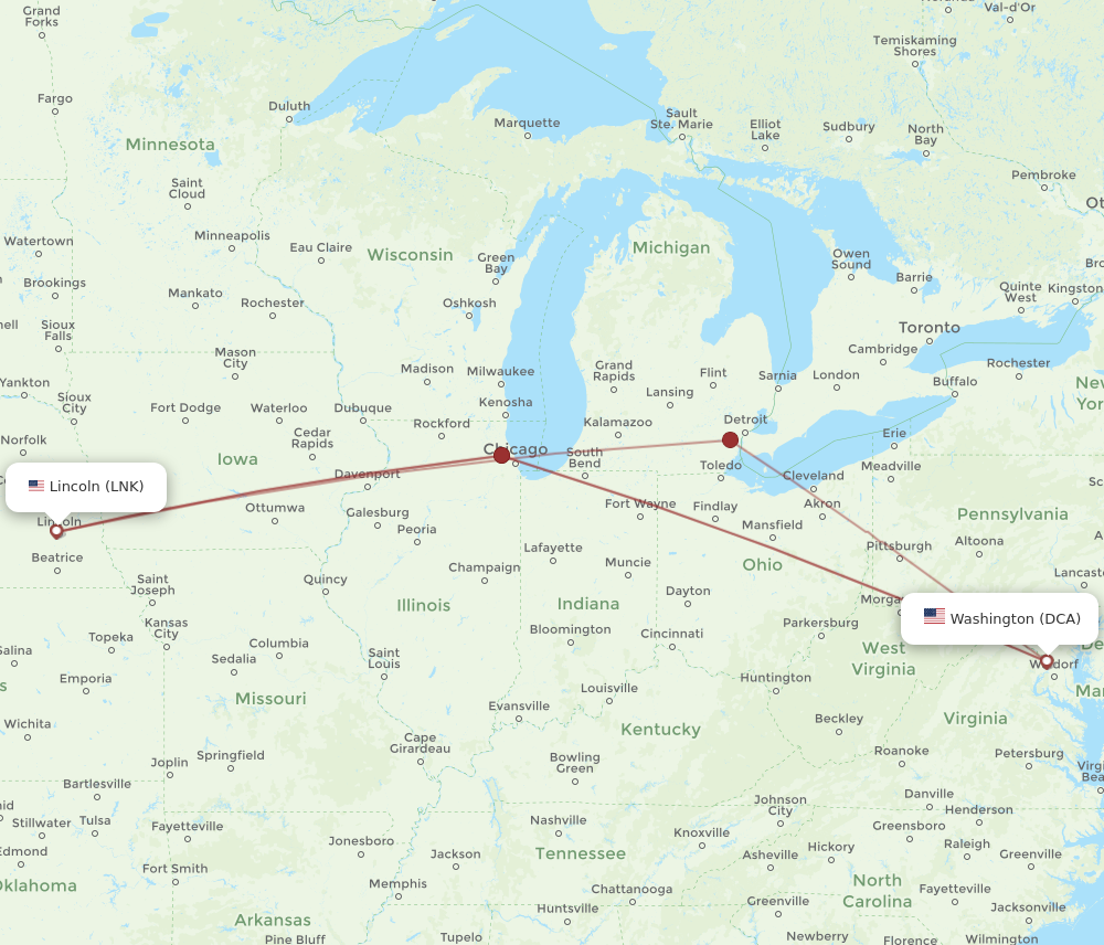 Flights from Lincoln to Washington LNK to DCA Flight Routes