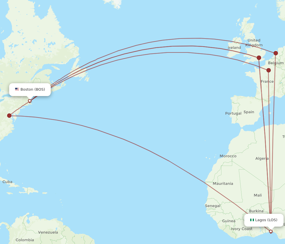 Flights from Lagos to Boston LOS to BOS Flight Routes