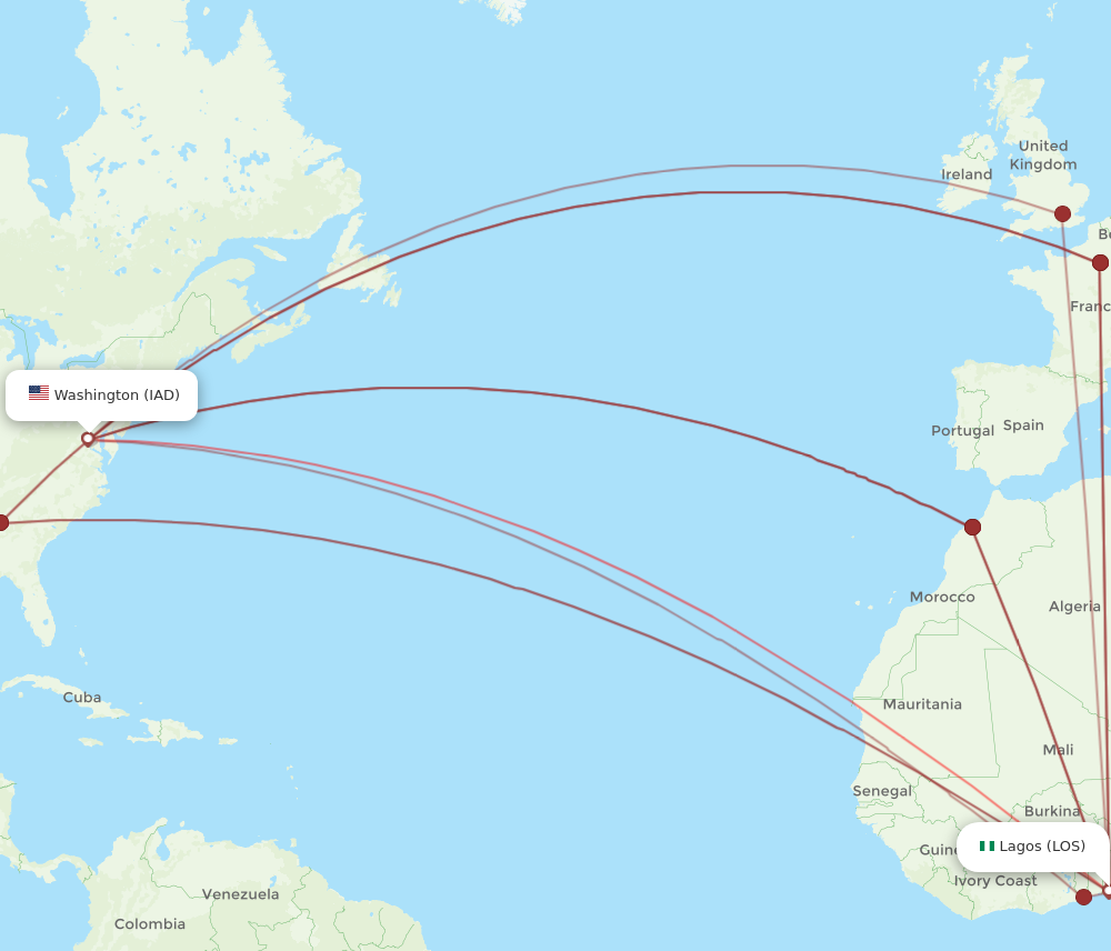 All flight routes from Lagos to Dulles, LOS to IAD - Flight Routes