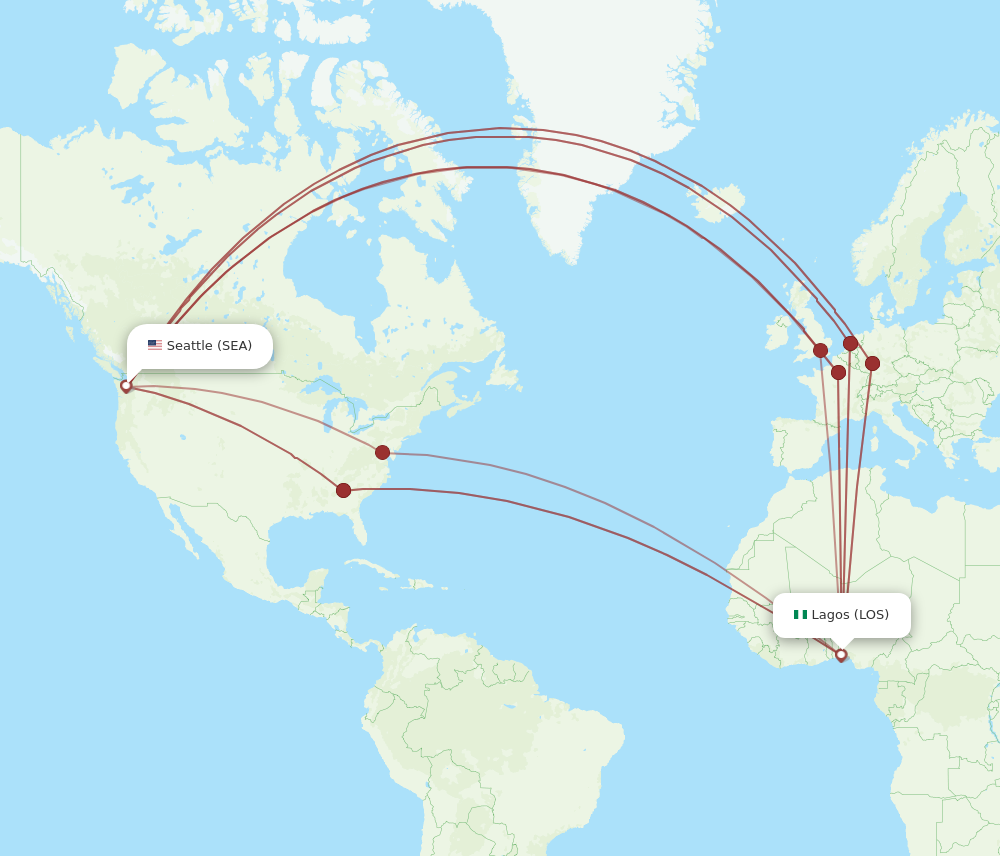 All flight routes from Lagos to Seattle, LOS to SEA - Flight Routes