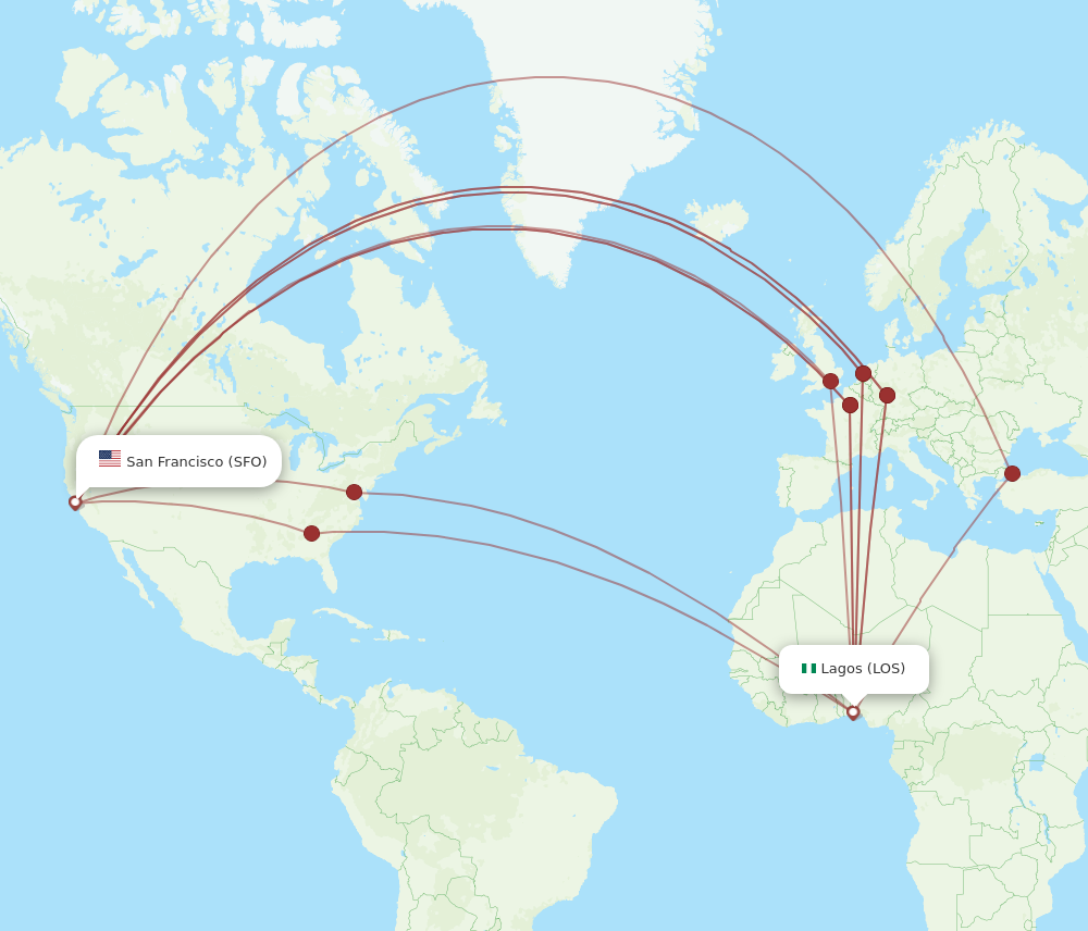 All flight routes from Lagos to San Francisco, LOS to SFO - Flight Routes