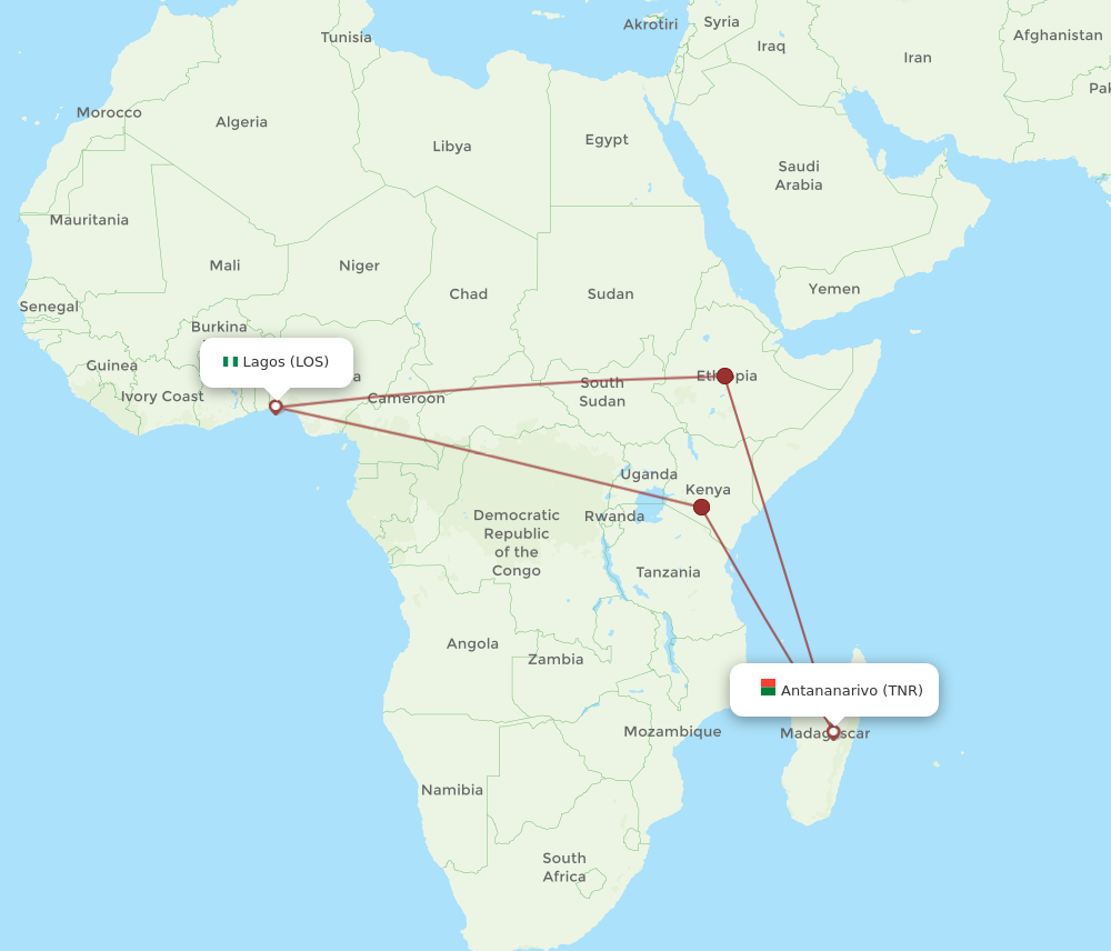 Flights from Lagos to Antananarivo, LOS to TNR - Flight Routes