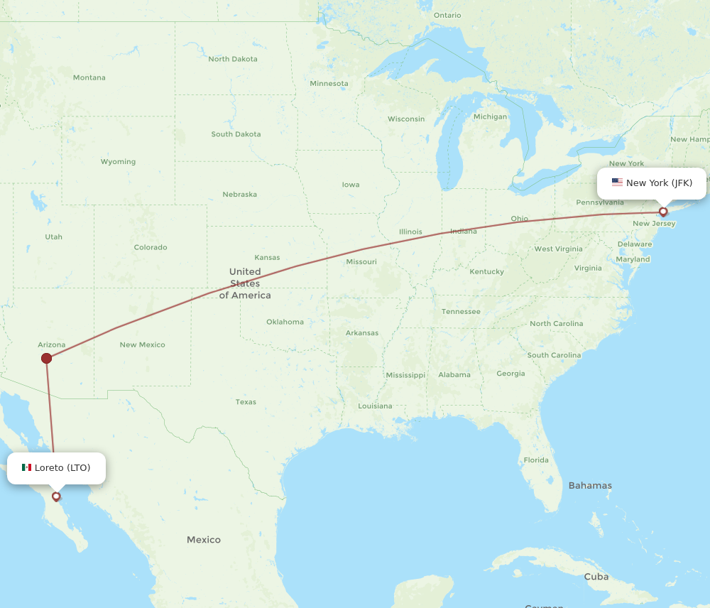 All flight routes from Loreto to New York, LTO to JFK Flight Routes