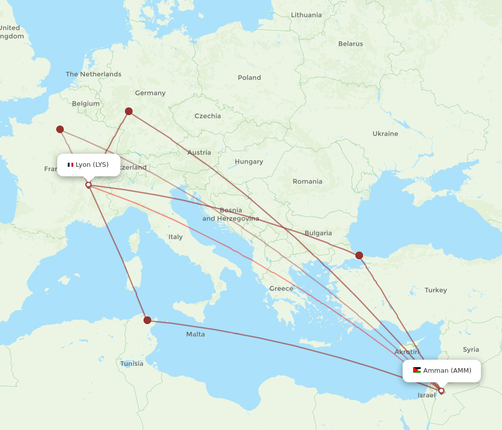 All flight routes from Lyon to Amman, LYS to AMM - Flight Routes