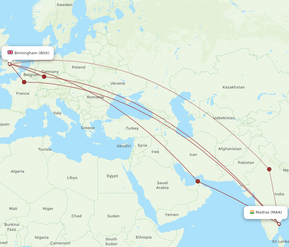 MAA to BHX flights and routes map