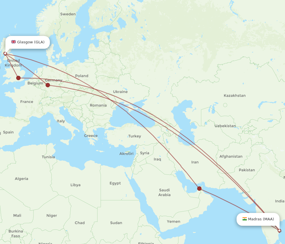 MAA to GLA flights and routes map