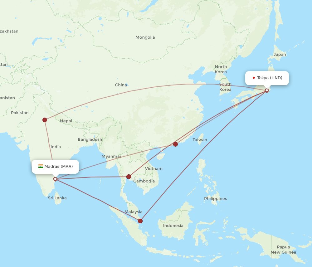 Flights from Chennai to Tokyo MAA to HND Flight Routes