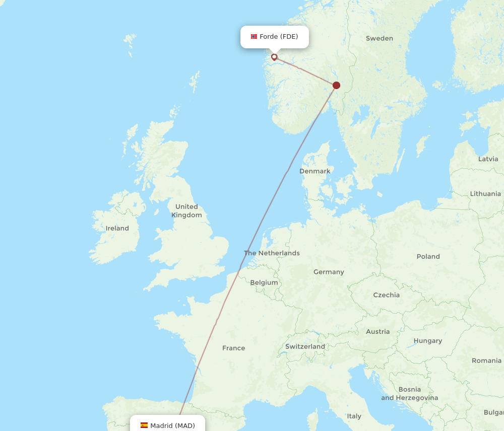 Flights from Madrid to Forde MAD to FDE Flight Routes