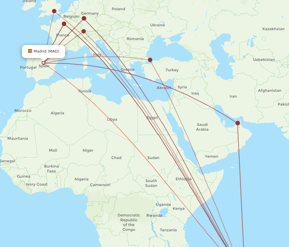 All flight routes from Madrid to Mauritius, MAD to MRU - Flight Routes