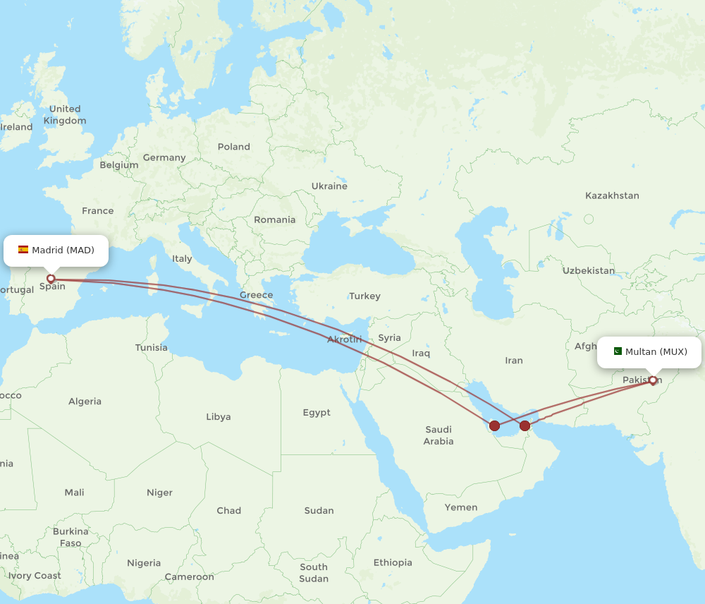 Flights from Madrid to Multan, MAD to MUX - Flight Routes