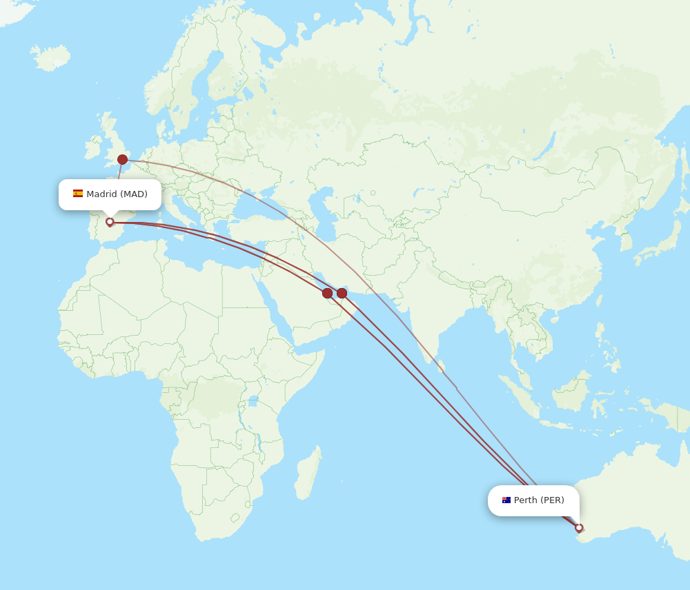 All flight routes from Madrid to Perth, MAD to PER - Flight Routes