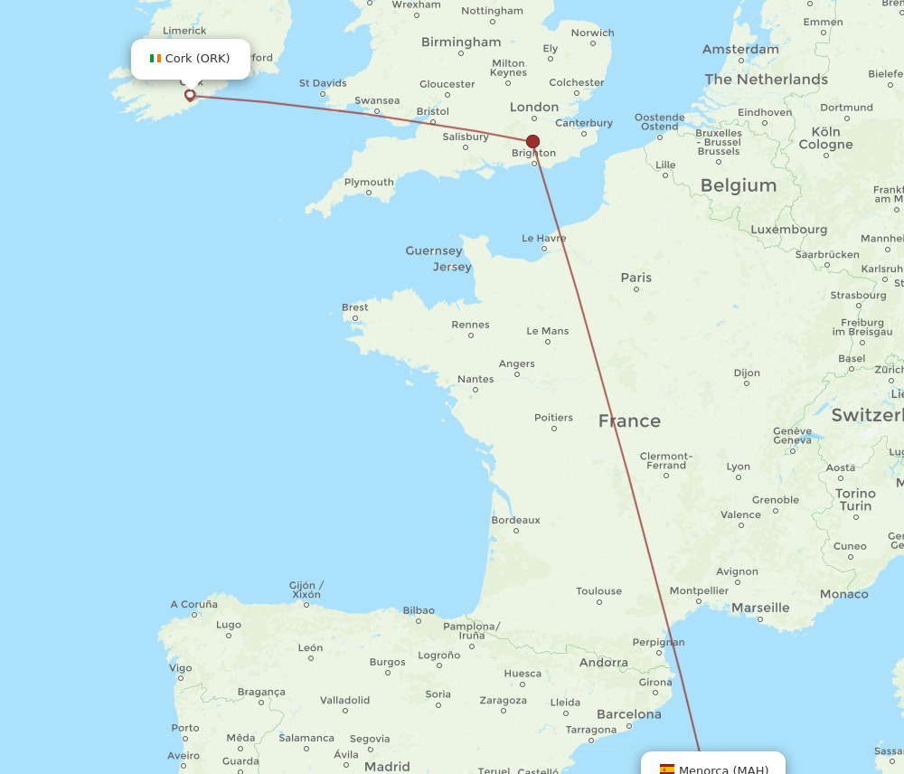 Flights from Menorca to Cork MAH to ORK Flight Routes