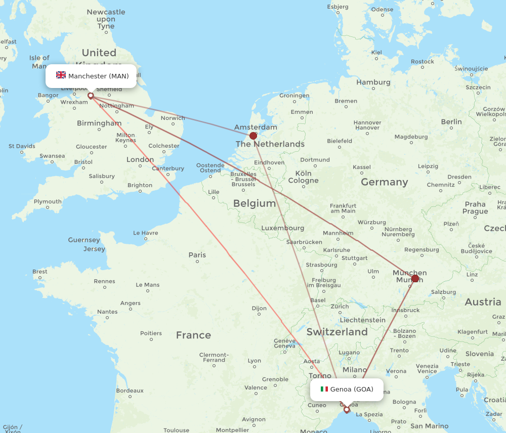 All flight routes from Manchester to Genoa, MAN to GOA Flight Routes