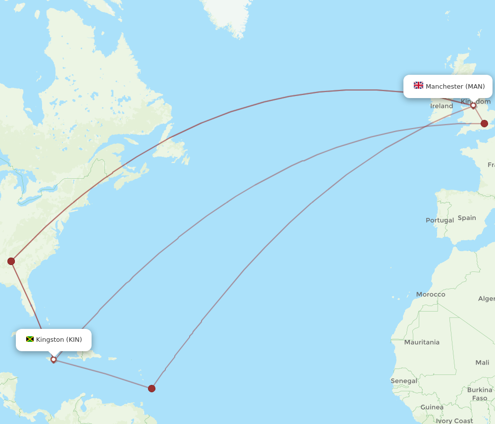 Flights from Manchester to Kingston MAN to KIN Flight Routes