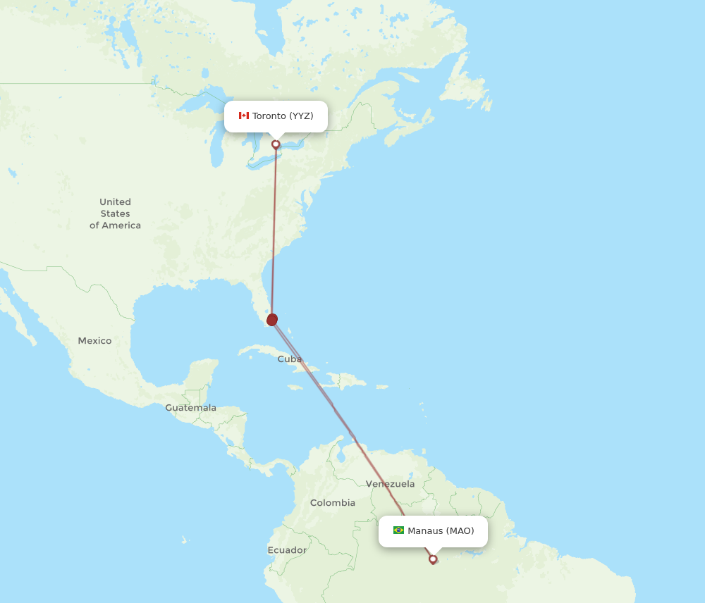 All flight routes from Manaus to Toronto, MAO to YYZ - Flight Routes