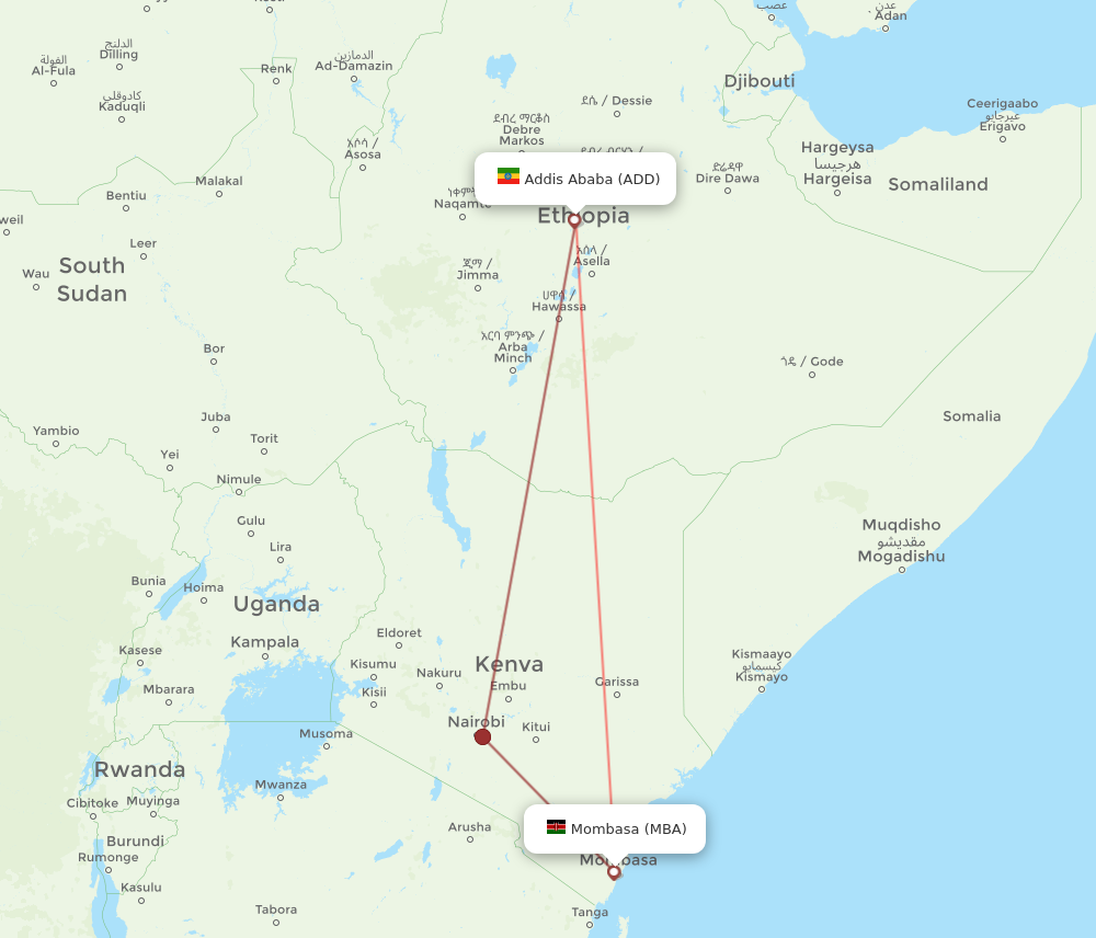 Flights from Mombasa to Addis Ababa MBA to ADD Flight Routes