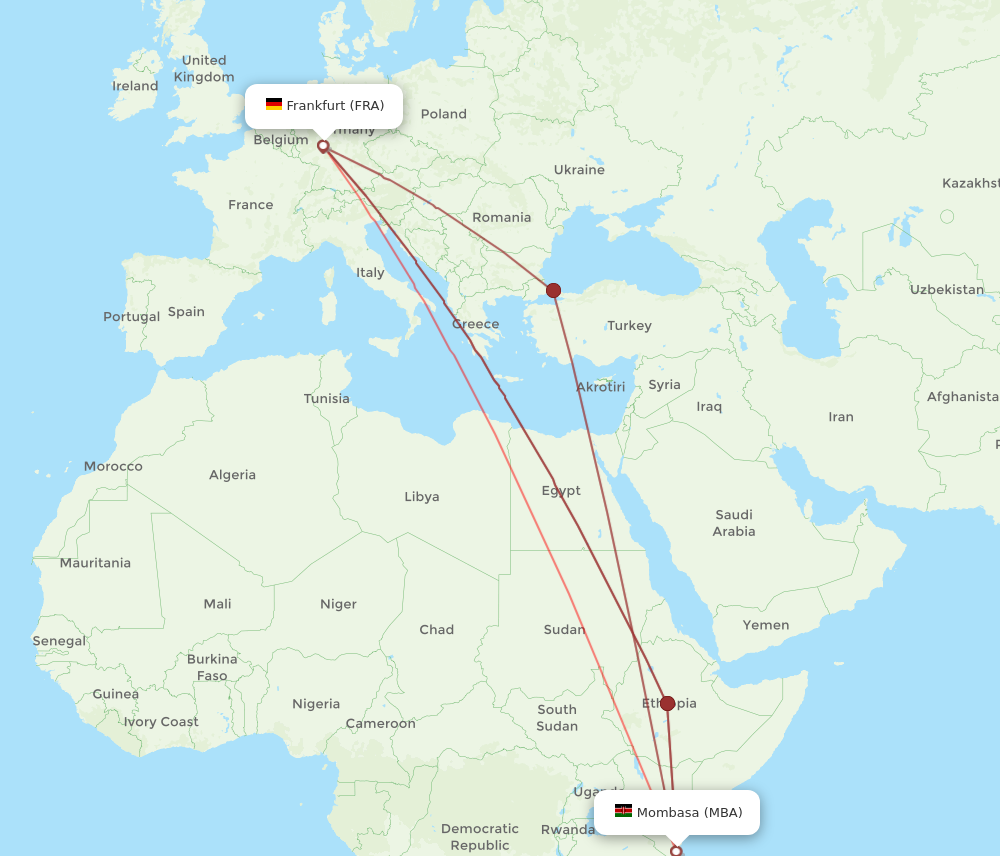 All flight routes from Mombasa to Frankfurt, MBA to FRA - Flight Routes