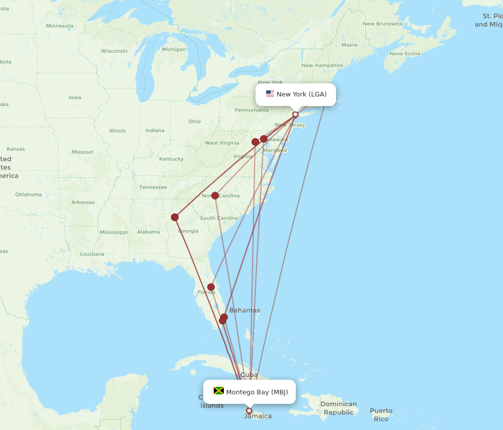 All flight routes from Montego Bay to New York, MBJ to LGA - Flight Routes