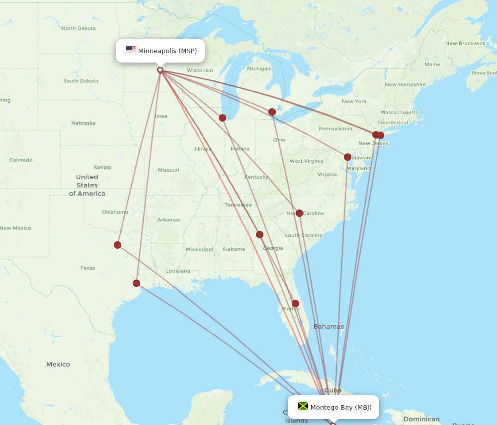 All flight routes from Montego Bay to Minneapolis, MBJ to MSP - Flight ...