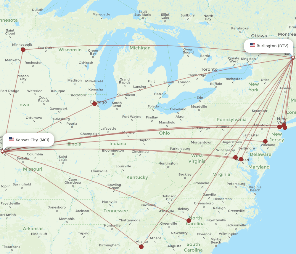 All Flight Routes From Kansas City To Burlington Mci To Btv Flight Routes 7457