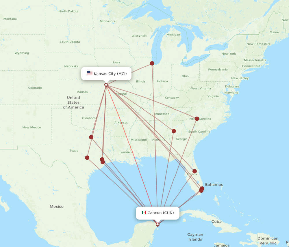 All flight routes from Kansas City to Cancun, MCI to CUN - Flight Routes