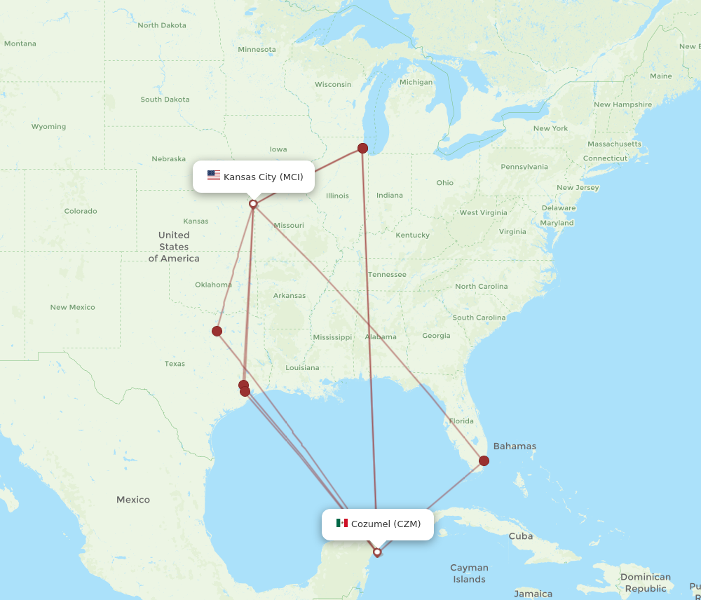 Flights from Kansas City to Cozumel MCI to CZM Flight Routes