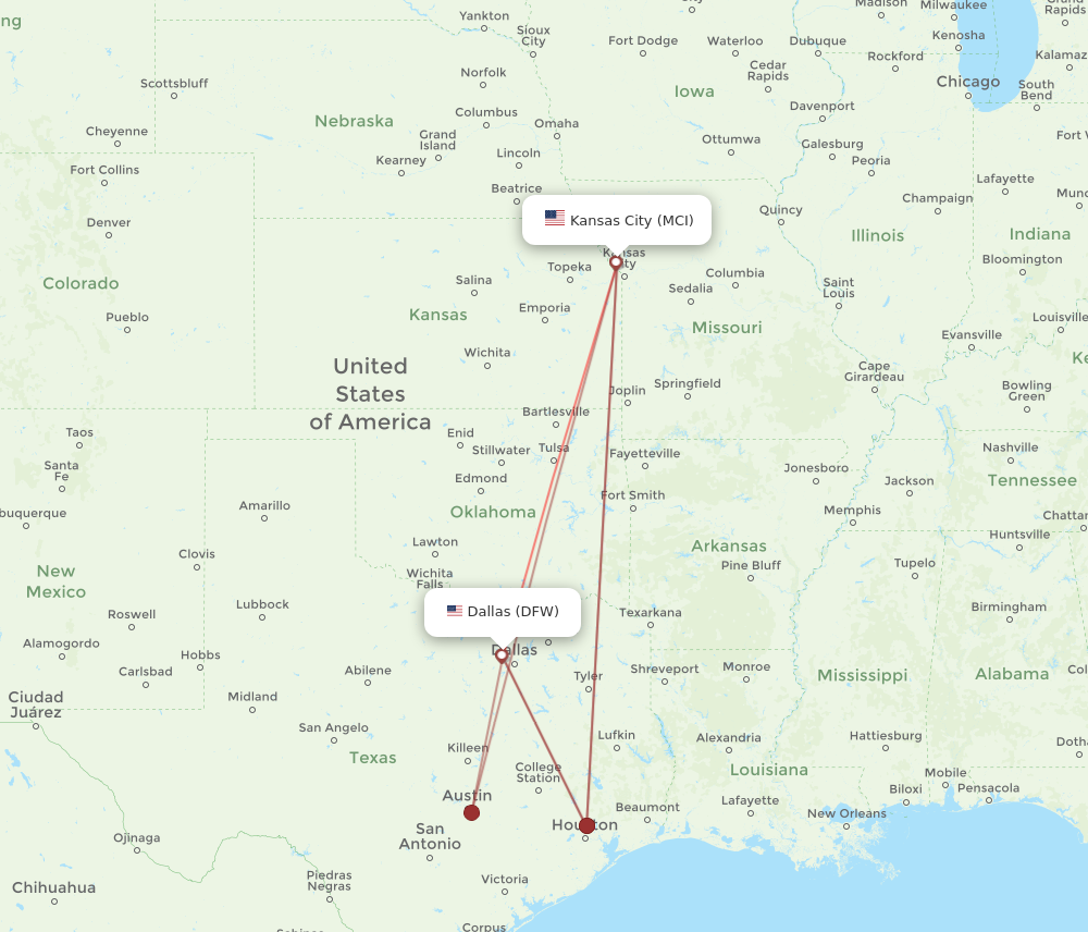 Flights from Kansas City to Dallas MCI to DFW Flight Routes