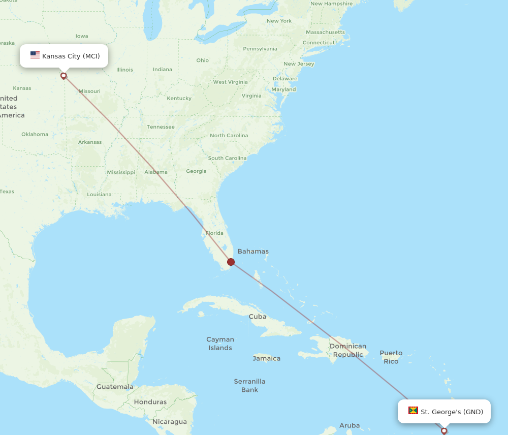 All flight routes from Kansas City to St. George's, MCI to GND - Flight ...