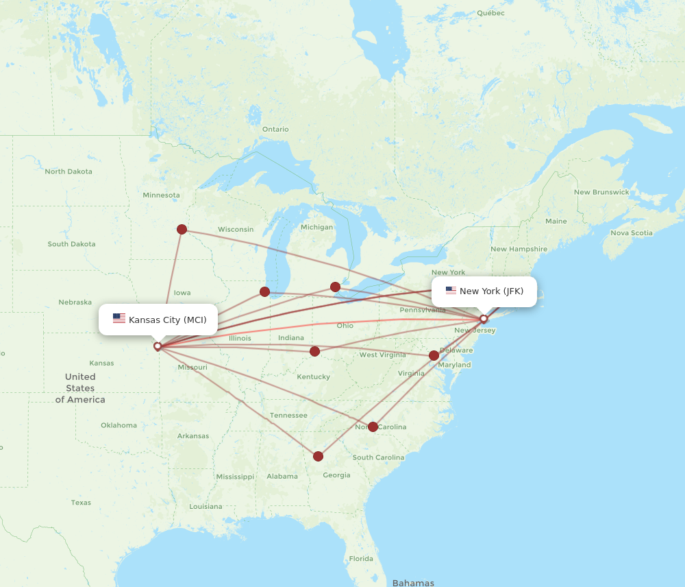 Flights from Kansas City to New York MCI to JFK Flight Routes