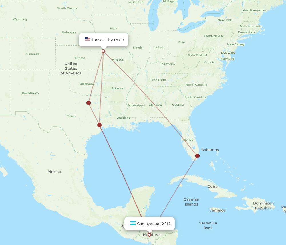 Flights from Kansas City to Comayagua MCI to XPL Flight Routes