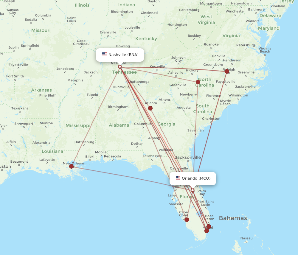 Flights from Orlando to Nashville MCO to BNA Flight Routes