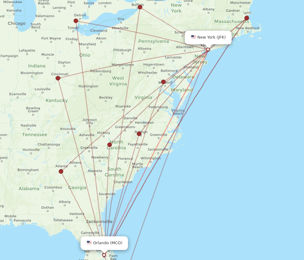 All flight routes from Orlando to New York, MCO to JFK - Flight Routes