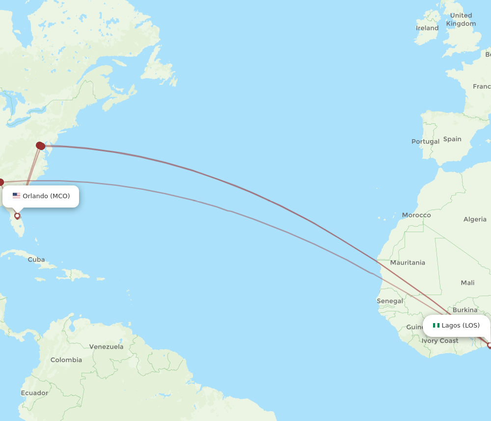 MCO to LOS flights and routes map