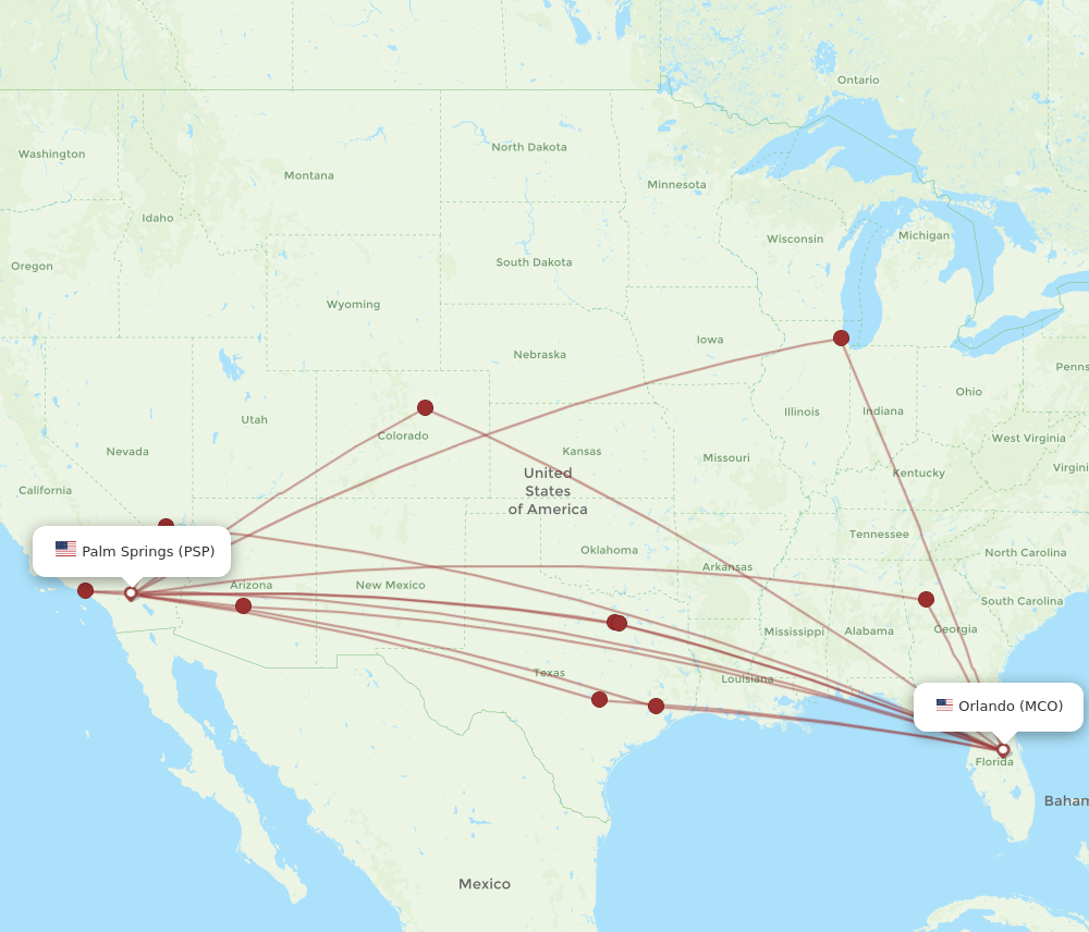 All flight routes from Orlando to Palm Springs, MCO to PSP - Flight Routes