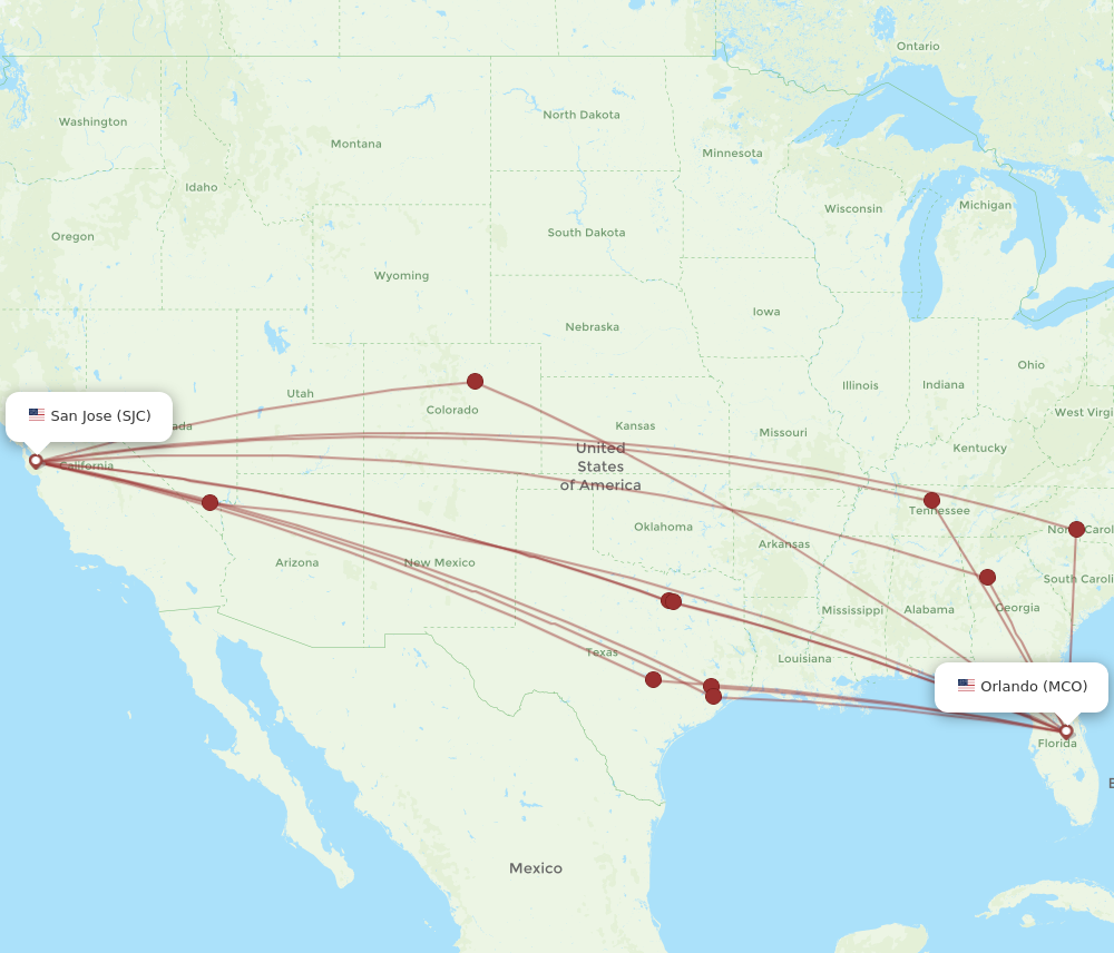 All flight routes from Orlando to San Jose, MCO to SJC - Flight Routes