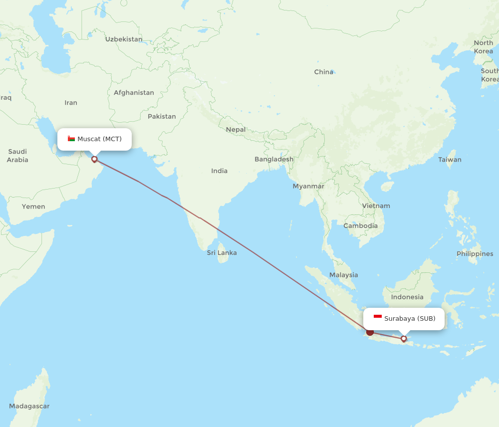 All flight routes from Muscat to Surabaya, MCT to SUB - Flight Routes