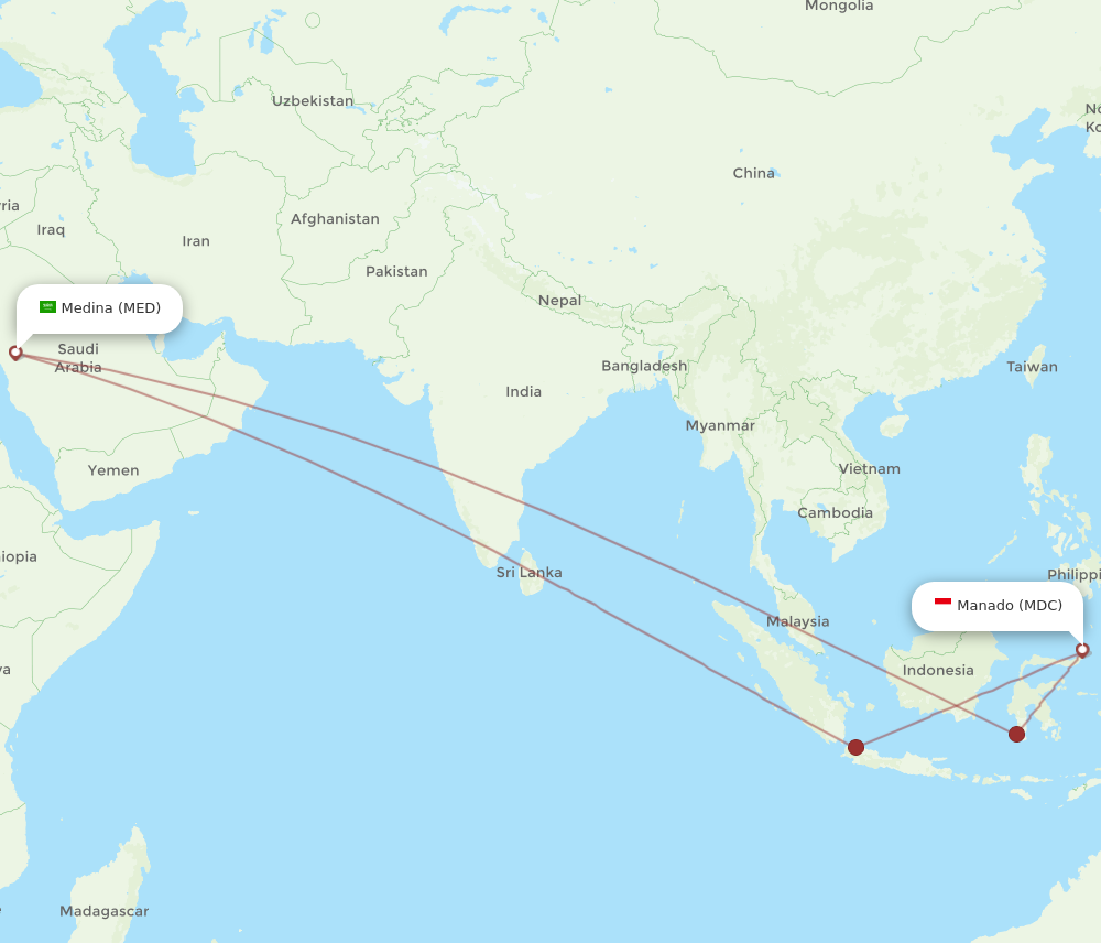 All flight routes from Manado to Madinah, MDC to MED - Flight Routes