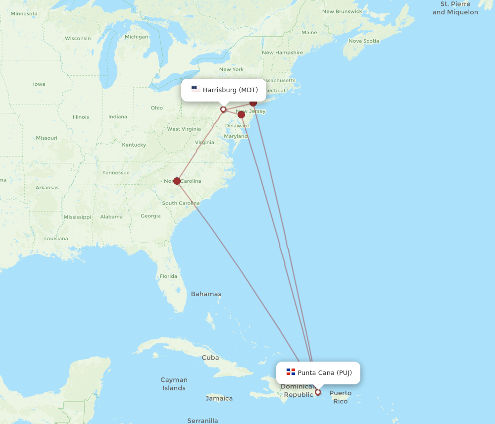 All Flight Routes From Middletown To Punta Cana, MDT To PUJ - Flight Routes